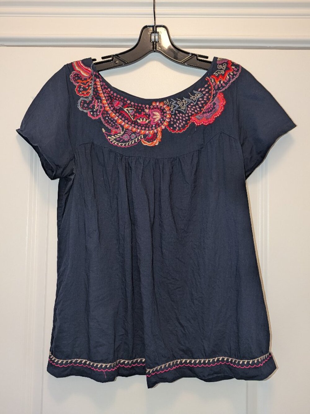 Great Plains Navy Embroidered Boho Top Sz S Cotton Festival Blouse